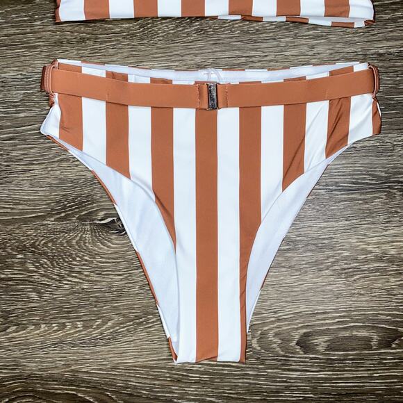 New XS Fashion Nova Vacation Stripes‎ 2 Piece Bikini Tan Rust Hi Cut Swim Set - Picture 3 of 5